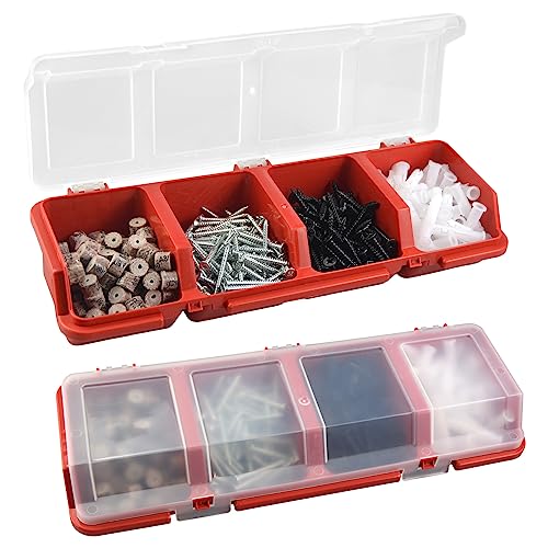 Screw Organizer Storage Bins, 2 Pack Stackable Bins with Lids, Divider Compartment Containers for Garage/Craft Tool Organizing, Tool Cart Cabinet Workbench Drawers Organization and Storage (Red)