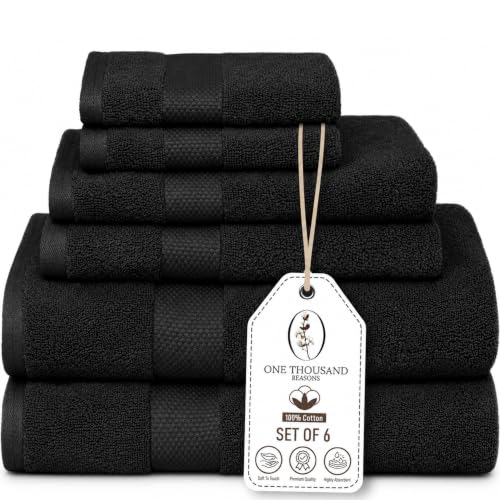 Premium Staple Cotton Bathroom Towel Set - Black 600 GSM 6-Piece Luxury Bath Towel Set 1 Stripe - 2 Bath Towels 2 Hand Towels & 2 Washclothes Set - High Absorbent & Quick Dry for Gym Spa Hotel