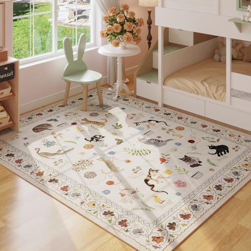 Area Rug 4x6 Rug Washable Boho Rugs Non Slip Low Pile Floral Animal Cat Small Carpet for Bedroom Bedside Kids Room Office Dining Room, Beige