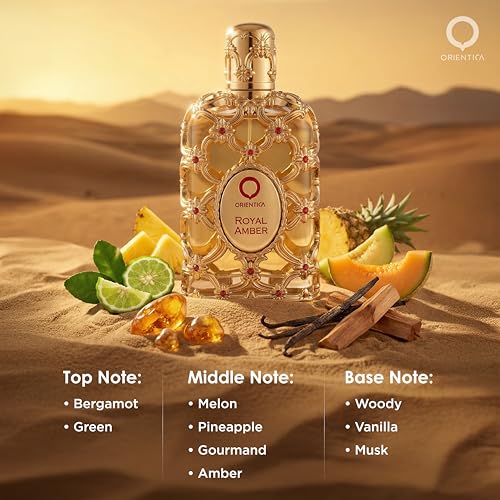 Image of Orientica Luxury Royal Amber Eau De Parfum 2.7oz /80ml - Notes of Vanilla, Bergamot, Pineapple, Melon - Amber Oud, Gourmand Fruity Arabic Perfumes for Women & Men - Perfumes Arabes de Mujer y Hombres