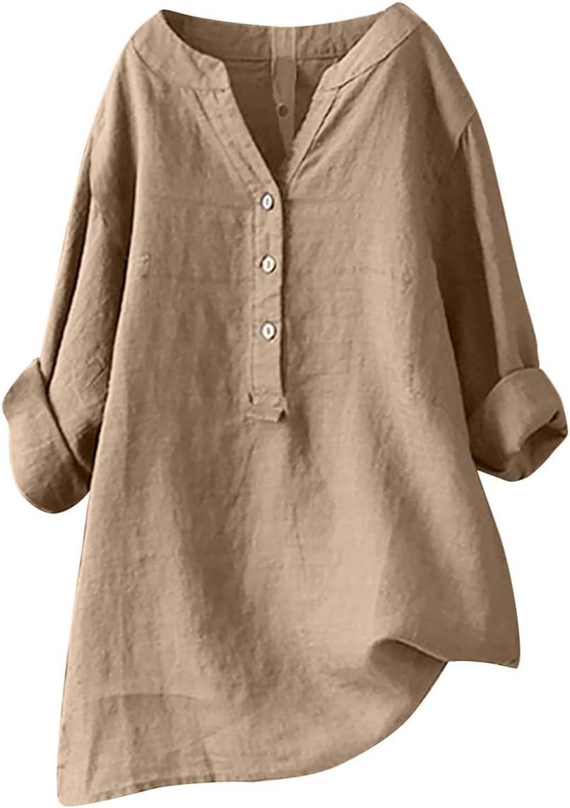 Women Linen Button Down Shirts Casual V Neck Long Sleeve Pullover Tunic Tops 2024 Summer Spring Vacation Plus Size