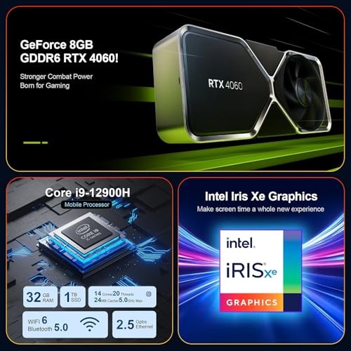 Image of Mini Gaming PC - GeForce RTX 4060 8GB GDDR6 Desktop Computer, i9 12900H (14C /20T, 5.0GHz Max) 32GB DDR5 RAM 1TB PCIe 4.0 SSD, 4x Display /Thunderbolt 4 /Wi-Fi 6 /BT 5.0 /2x 2.5G LAN /Win 11 Pro /SD