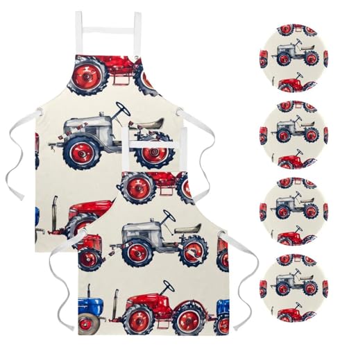 Lot de 2 tabliers de cuisine avec 4 broches à motif de tracteurs