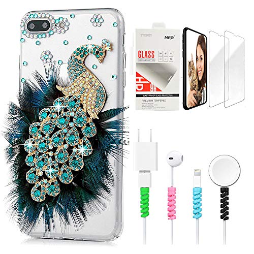 STENES Sparkle Case Compatible with Moto G7 / Moto G7 Plus - Stylish - 3D Handmade Bling Pretty Peacock Design Cover with Screen Protector & Cable Protector - Green