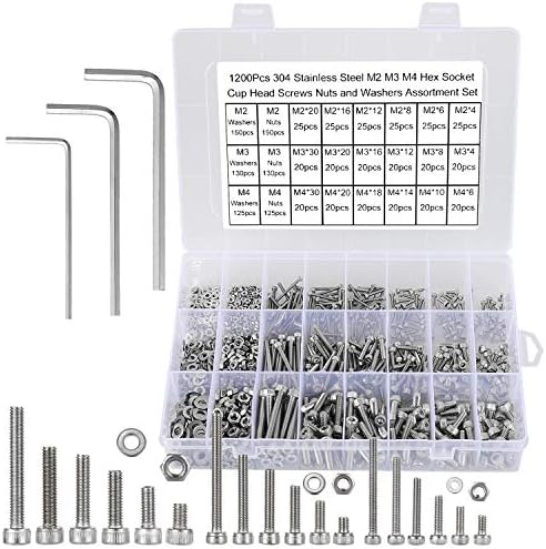 FandWay 1200Pcs 304 Stainless Steel M2 M3 M4 Hex Socket Head Cap Screws, Cheese Head Machine Screws, Internal Hex Bolts and Nuts Washers Assortment Set With 3 Hex Wrenches.(Silver)