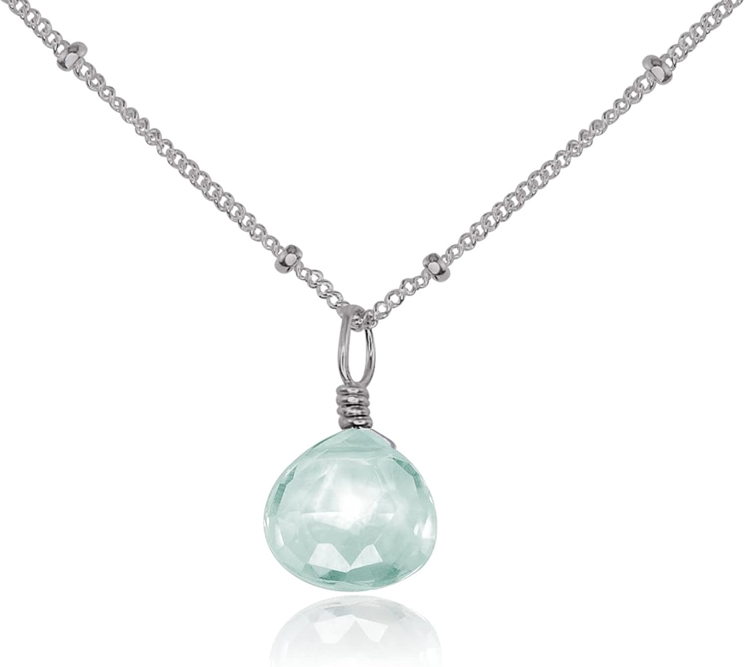 Aquamarine Teardrop Necklace in Stainless Steel Satellite