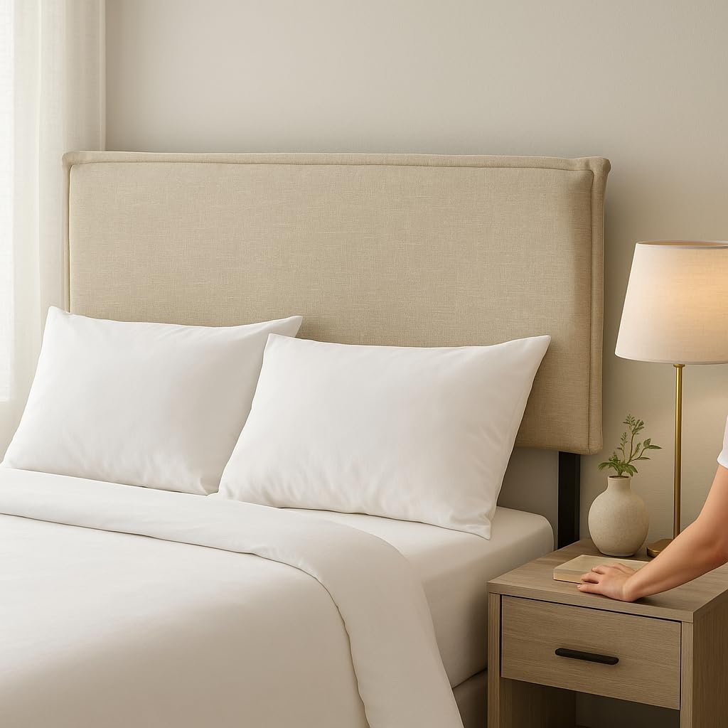 Camille Queen Headboard, Beige Linen Upholstery with French Piping, Adjustable Height, Soft Padded Fabric Panel, Contemporary Bedroom Décor, Solid Wood Frame, Easy Installation