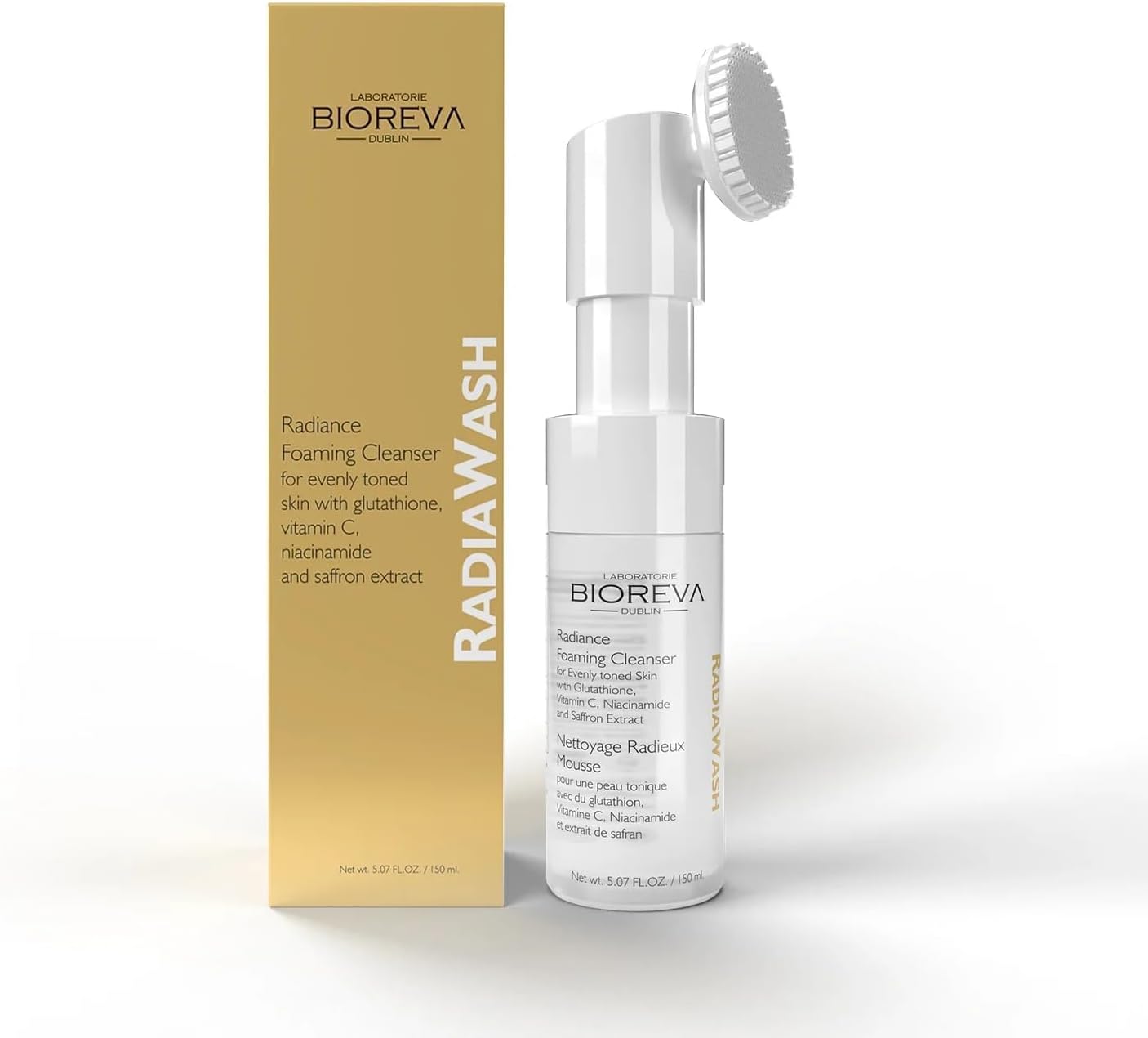 RadiaWash Foaming Cleanser with Glutathione, Vitamin C, Niacinamide & Saffron Extract, Silicon Brush Helps to Reduce Dark Spots & Pigmentation, Removes Dirt & Blackheads, Acne, 150 ml