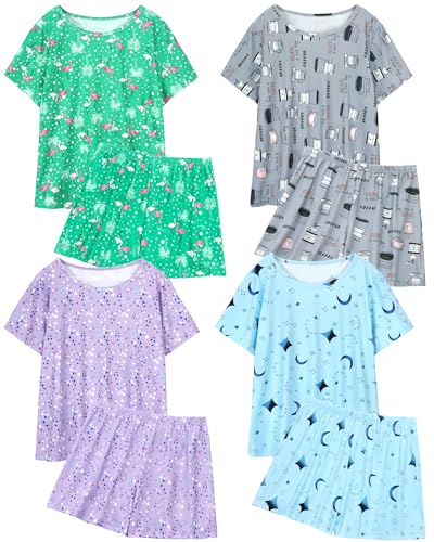 XPUDAC 4 Pack Women's Pajama Sets Loungewear Short Sleeve Tee and Shorts Soft Comfy Sleepwear Pjs Set