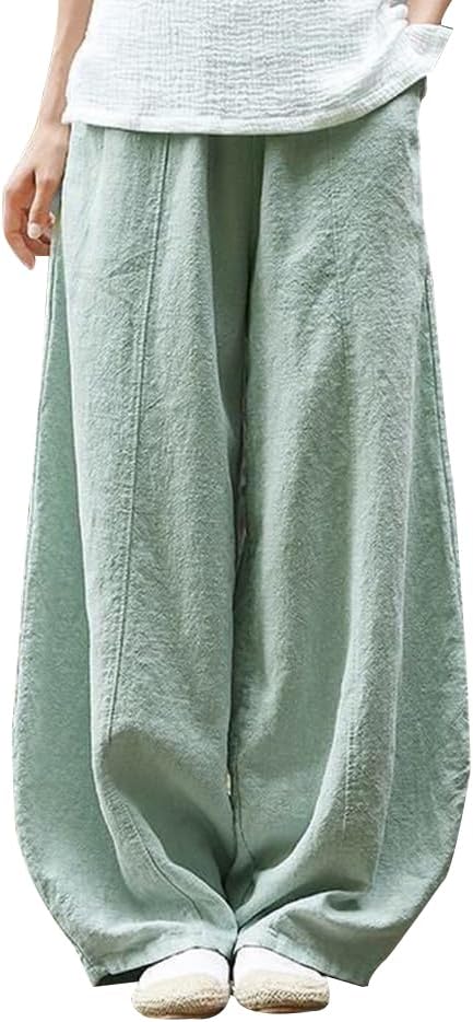 Bengbobar Women Summer Linen Pants Casual Palazzo Pants Cotton Linen Wide Leg Baggy Pants with Pockets