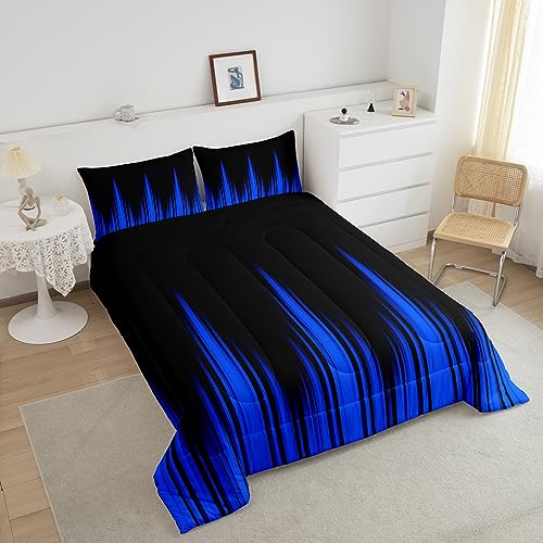 Image of Feelyou Blue Ombre Comforter Queen Size, Blue and Black Ombre Striped Comforter Set for Kids Boys Girls Abstract Duvet Set Room Decor Microfiber Bed Set