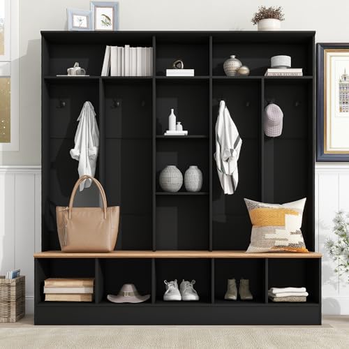 Image of Ball & Cast Wide Hall Tree with Storage Bench, 4-in-1 Entryway Shoe Cabinet with Cube Storage & Open Shelves, Coat Rack with 8 Hooks, Modern Minimalist Mudroom Organizer, Black