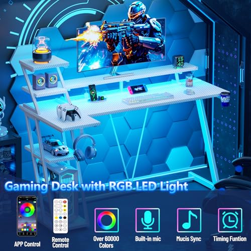 Image of Korfile 55 Inch White Gaming Desk with LED Lights & Power Outlet, Gaming Computer Desk with Storage Shelves, L Shaped Gamer Workstations with Monitor Stand for Bedroom