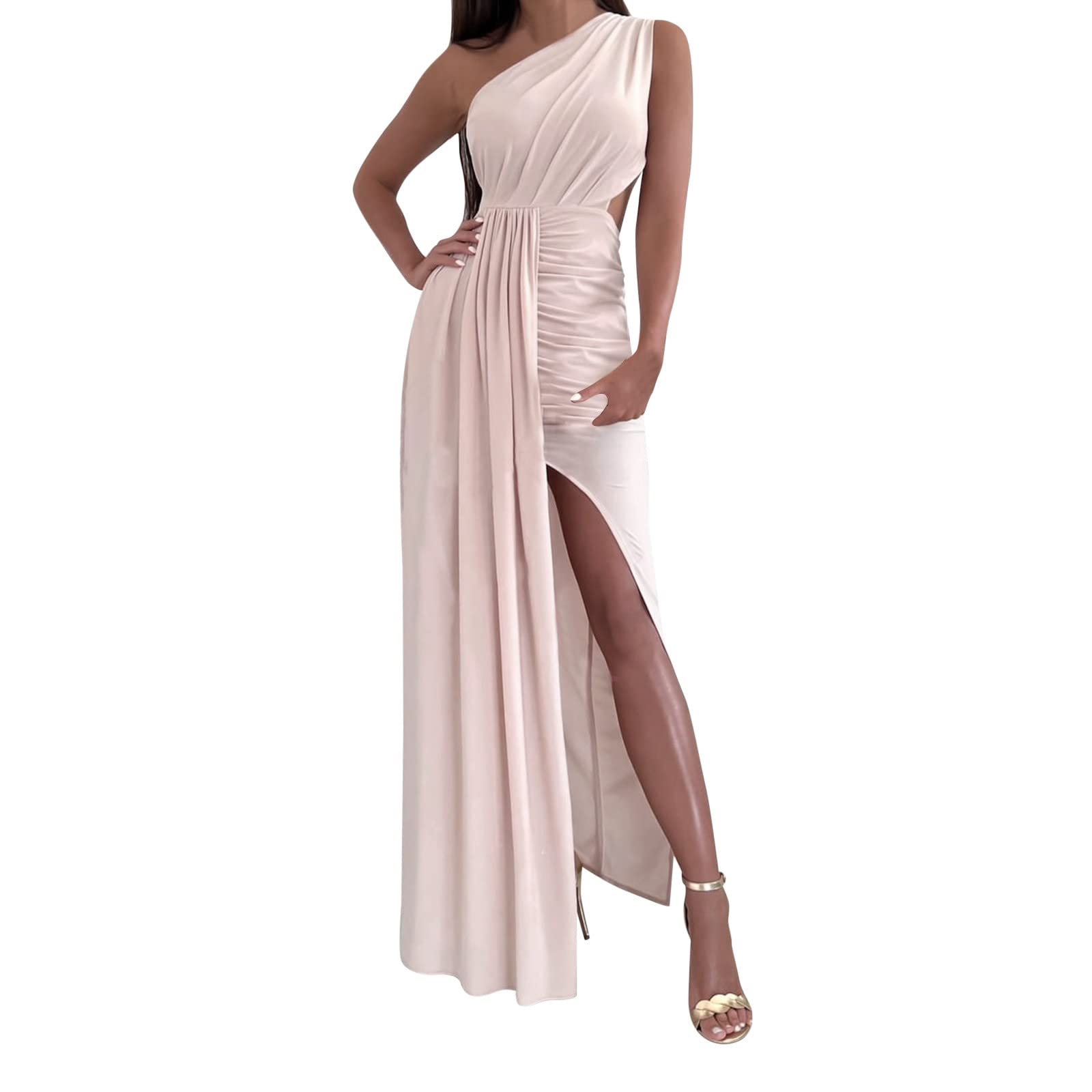 DBSUN Vestidos De Fiesta Cortos,Vestido de Noche Elegante Largo de un Hombro para Mujer Vestido Elegante de Moda de Flores Vestido de Fiesta Festivo con Abertura