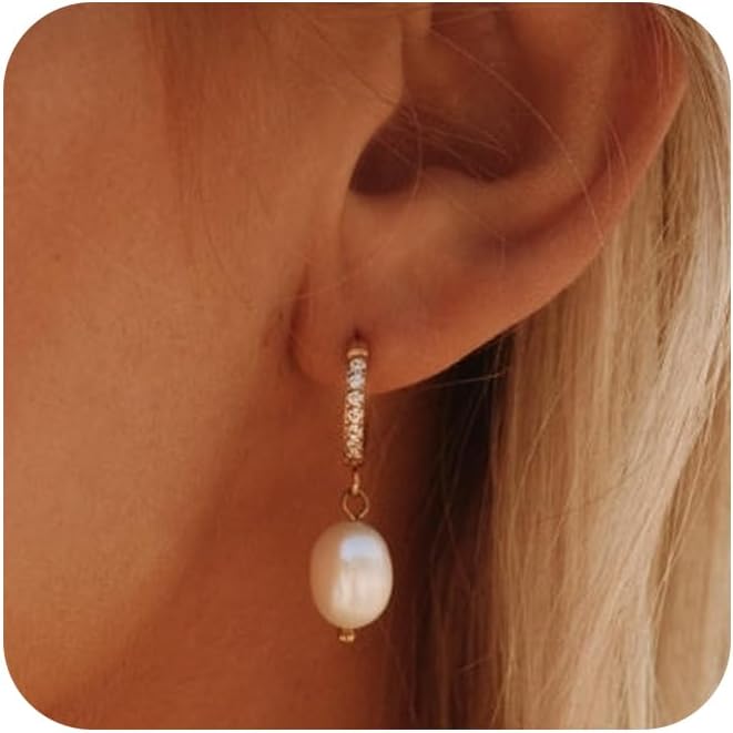 CHESKY Pearl Hoop Earrings for Women, Trendy 14k Gold Plated Hoop Earrings Chunky Pearl Drop Earrings for Women Hypoallergenic Gold Pearl Dangle Huggie Earring Statement Pearl Jewelry Gifts for Her