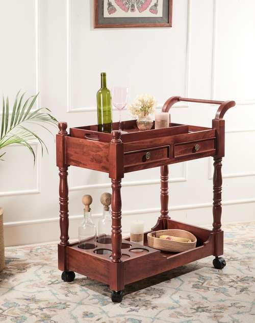 Alivio Wooden Bar Trolley for Home | Mango Wood Bar Cart with Honey Finish | Mobile Serving Cart for Wine, Liquor & Glass Storage | 84 x 40 x 83 cm-picture-19