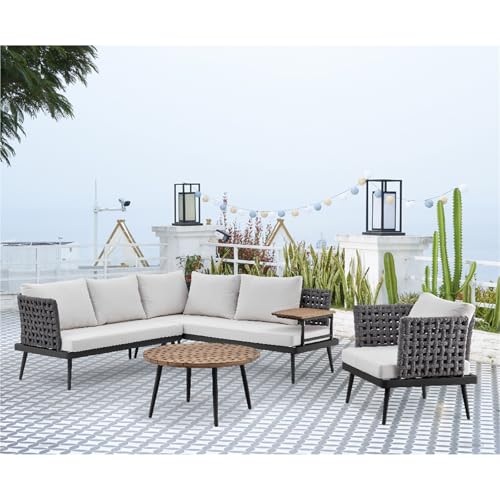 mymai Lounge Gartenmöbel Set mit Ecksofa, Esstisch, Hocker, Rope grau mit Teakholz Balkonmöbel 6 Personen mit Kissen, Balkon Möbel Wetterfest, Gartenlounge für Garten, Terrasse, Outdoor