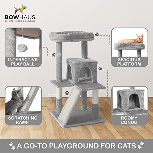 Image of BOWHAUS Tall Cat Tree for Indoor Large Cats or Kittens, Multi-Level Cat Activity Tree with Scratching Posts, Hammock, Cat Cave Condo, Modern Cute Small Cat Climbing Tower with Widened Perch