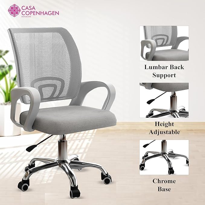 Image of Casa Copenhagen Mesh Mid Back Office /Study /Computer /Revolving /Desk Chair for Work from Home -Metal Base, Height Adjustable Seat - Solid Grey & White Handle