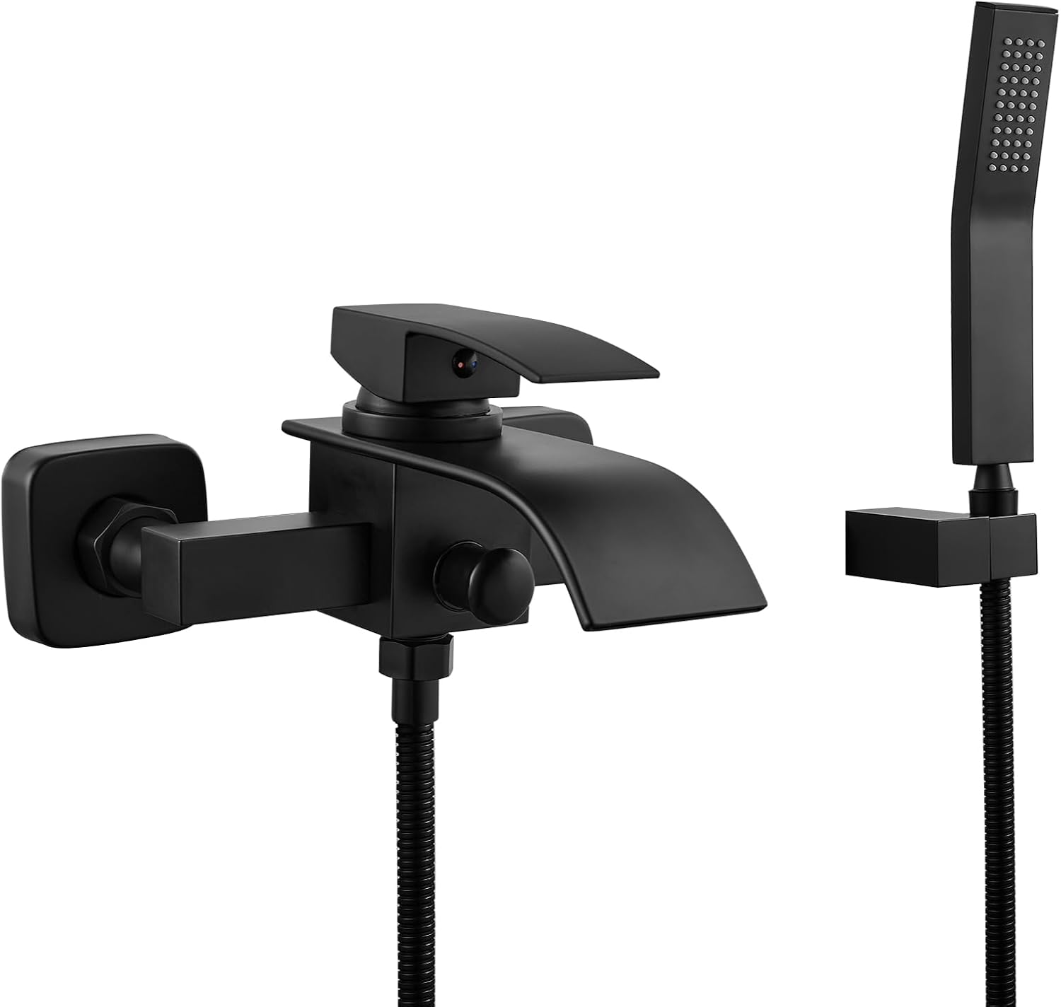 Midanya Wall Mount Bathtub Faucet with Handheld Spray Waterfall Tub Filler Single Handle Bathroom Tub Mixer Tap Hand-Shower System with Curved Spout Commercial,Matte Black