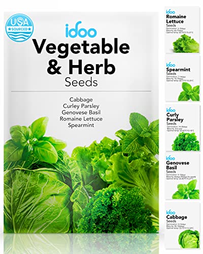Idoo Vegetable & Herb Seed Packets, Heirloom Seeds, 100% Non Gmo, Including Genovese Basil, Cabbage, Curly Parsley, Romaine Lecture, Spearmint, 5-Pack Garden Seeds For Indoor Or Outdoor Herbs Garden #TOP12