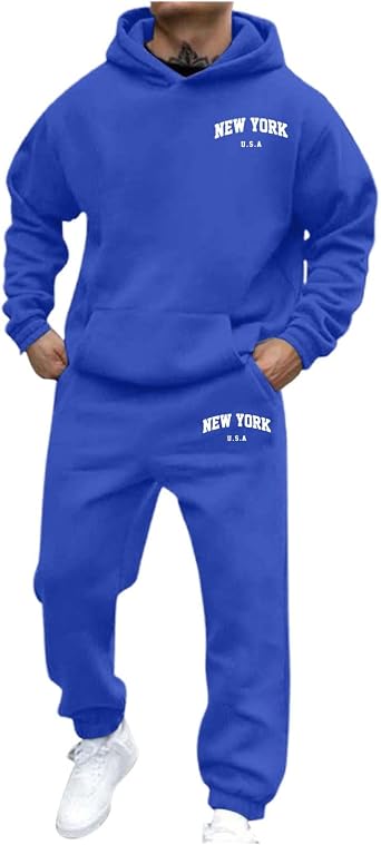 Mens 2 Piece Sweatsuit Hooded Tracksuit Set, Soft Jogging Suits for Men Winter Gym Outfits with Athletic Sweatpants Blue