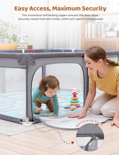 Image of Dripex Baby Playpen with Mat, 71 inchx47 inch Large Play Pen for Babies, Light Grey | Included Waterproof Mat /Portable Bag / Pull up Rings, Breathable Visible Mesh, Easy Setup, Indoor /Outdoor Use