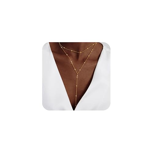 LULII Gold Necklace for Women Trendy Lariat Y Necklace Dainty 14k Gold Plated/Silver Long Necklaces for Women Layered Beaded Drop Necklaces Simple Y-Shaped Chain Jewelry Gifts