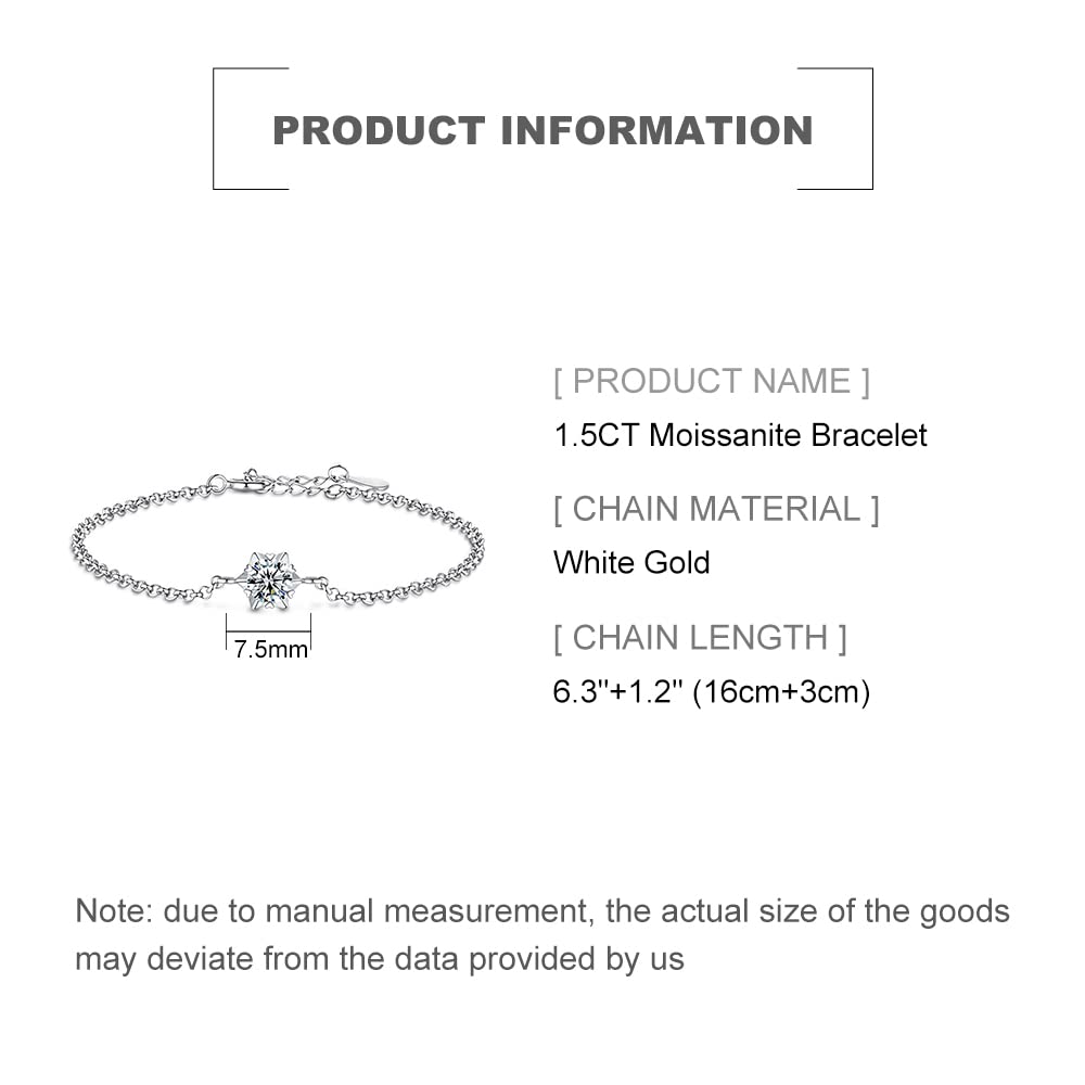 Pulsera de cadena de moissanita de corte redondo de 1,5 quilates, delicada pulsera ajustable de moissanita de oro blanco de 14 quilates, regalo de joyería de moda para mamá, esposa, novia