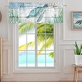 Underwater Coastal Beach Marine Animal Window Valance Curtains Turtle and Coral on Rustic Wood Plank
