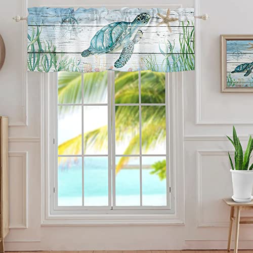 Underwater Coastal Beach Marine Animal Window Valance Curtains Turtle And Coral On Rustic Wood Plank Short Curtain For Kitchen Living Room Bathroom Windows, 1 Panel Drapes Rod Pocket Valances #TOP12