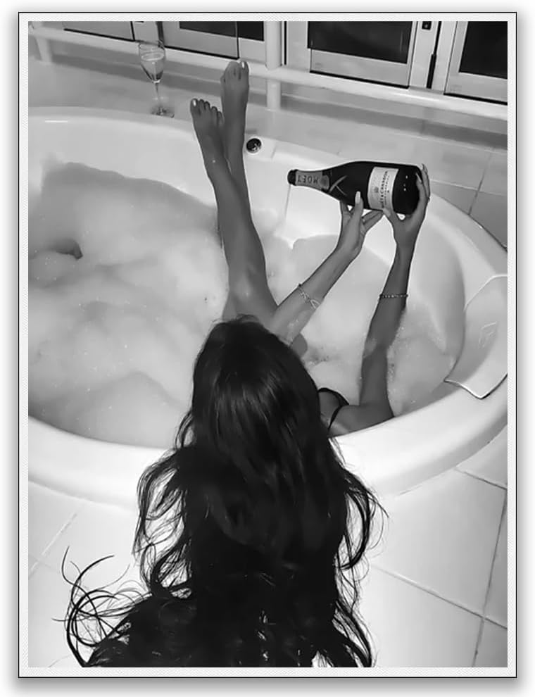 Woman with Wine in Bathtub Prints - Vintage Feminist Poster - Black and White Wall Art - Bar Cart Print Girls Bathroom Decor - Alcohol Wall Art Funny Bathroom Poster 24x36in Unframed