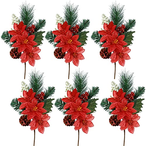 Dr.dudu 6 Pack 12'' Christmas Elegant Faux Evergreen Sprigs + Gold & Silver Flower Ornaments + Pine Cone + Green Poinsettia Leaf + Flowers In Clever Pine Cone Shape (Red) #TOP12
