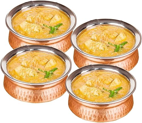 Aakrati Copper Tableware Serving Bowl Indian Serveware Handi Set Tureen Copper Stainless Steel Serving Dishes set of 4