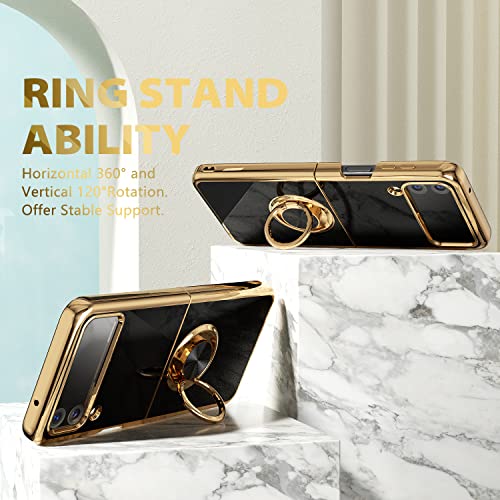 Oakxco Samsung Galaxy Z Flip 4 Case With Ring Kickstand, Elegant Luxury Gold Edge Glossy Phone Case With Magnetic Ring Holder Flip 4 Protective Cover For Women Girl Cute, Slim Fit Soft Tpu, Black #TOP1