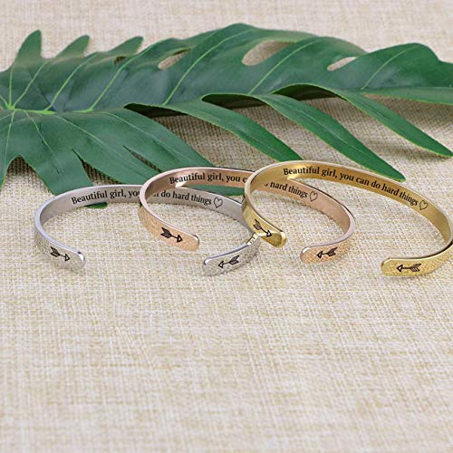 Rose Gold Plated Cuff Bracelets For Women– Hypoallergenic Rose Gold Bracelet - Inspirational Bracelet W/ ‘Beautiful Girl You Can Do Hard Things’ Quote - Personalized Bracelet Gifts For Women #TOP5