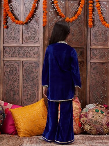 Image of Pspeaches Girls Ethnic Green & Pink Velvet Full Sleeves Solid Kurta and Pant with Dupatta 3 Piece Set