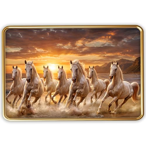 Image of Vastu 7 Seven Running Horse Photo Frame, Golden Slim Frame, Sparkle Coated Lamination, 30x45 cm (Design 15)