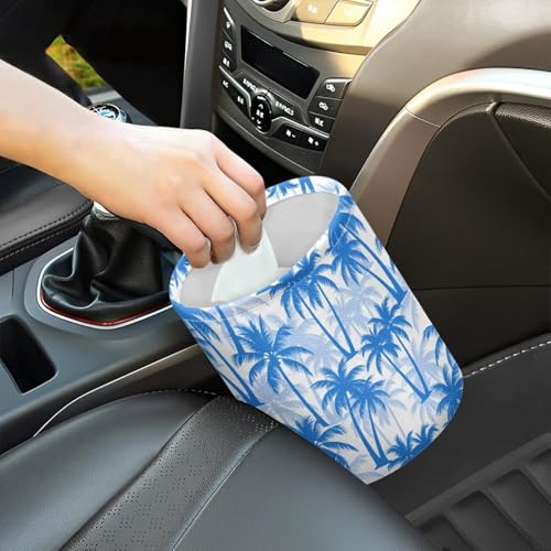 Image of Blue Palm Tree Car Trash Can Foldable Hanging Portable Dustbin Bin for Back Seat, Front Console, Floor, or Hanging Headrest Waste Basket