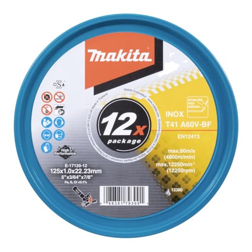 Makita E-17120-12 Trennscheiben INOX 125 x 1,0 mm, 12 Stück in Kunststoffdose, für Stahl, Edelstahl, extra dünn, A60V-BF, EN12413