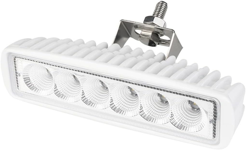 SEAFLO White LED Deck Light – 10-30V DC, 18W LED (14W Effective), 5500–6300K Daylight White, IP68 Waterproof, Bracket Mount, Aluminum Housing, CE & RoHS Certified, 4-Year Warranty