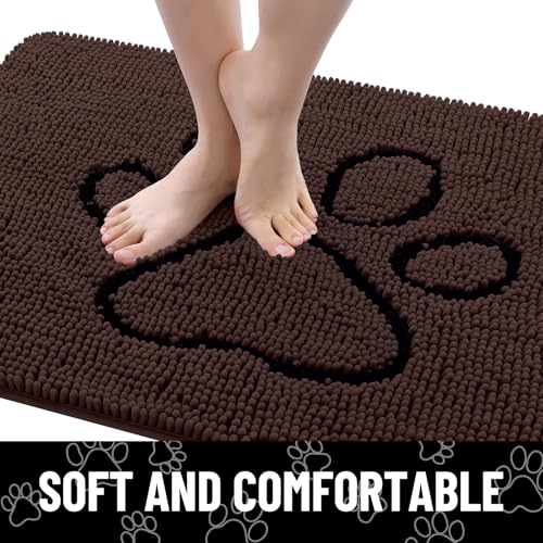 Image of Smiry Dog Door Mat for Muddy Paws, Absorbent Dirt Trapper Non Slip Quick Dry Washable Chenille Mat for Mud Dogs, Entry Rug for Indoor and Outdoor (30x20 Inches, Brown and Black)