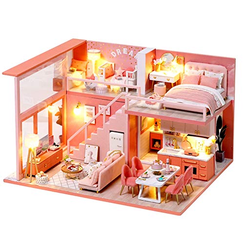 ROBOX Miniature Dollhouse DIY Kits 1/24 Scale Mini House Wooden Craft Models Miniature House Kit Modern Little Apartment with Furniture?Dust Cover and Led Light