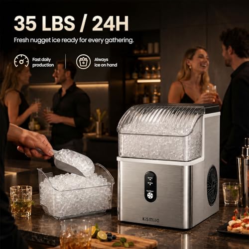 Image of Kismile Nugget Ice Maker Countertop, 35Lbs /24H Pebble Ice Maker with Chewable Pellet ice, First Ice in 7 Mins, Self-Cleaning Ice Machine with Removable Basket for Home & Kitchen(Sliver