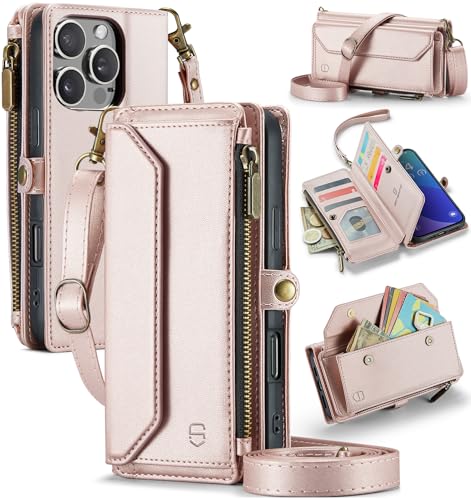 Strapurs Wallet Case Compatible with iPhone 16 Pro Max 6.9 RFID Blocking 10-Card Holder Soft PU Leather Magnetic Snap Shoulder Strap Zipper Pocket Phone Case Fit for iPhone 16 Pro Max - Rose Gold