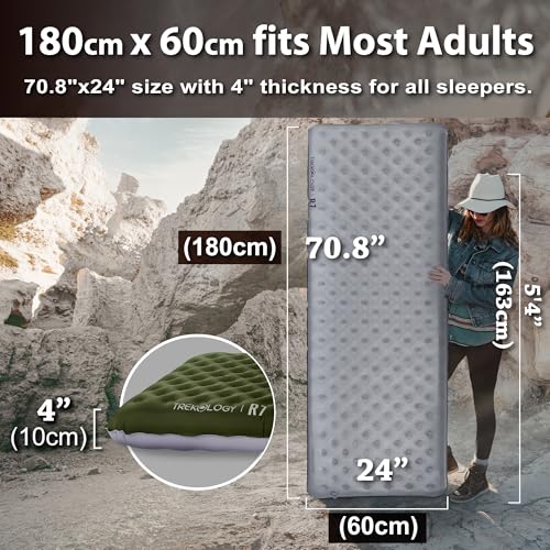 TREKOLOGY Sleeping Pad for Camping– Ultra-Lightweight, 4\" Thick Camping Mat with 7.2 R-Value for All Seasons– Compact, Durable & Waterproof–Ideal for Backpacking, Hiking, and Outdoor Adventures UL R7
