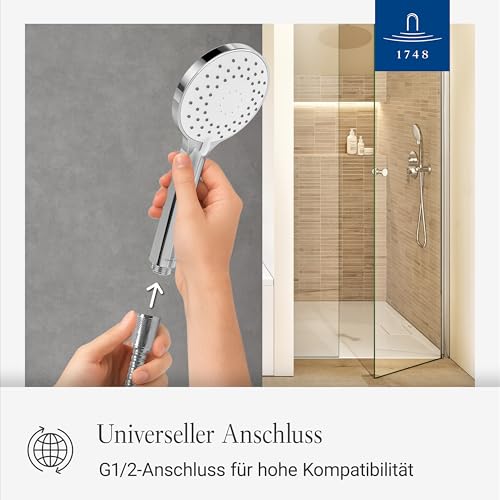 Villeroy & Boch Universal Showers Duschkopf, edle Handbrause mit 3 Strahlarten & EasyClean, Wassersparend, Universeller Anschluss – Chrom