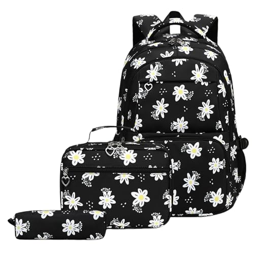 BUBEFSKD Mochila escolar de impresión de gran capacidad con bolsa para el almuerzo, juego de funda para lápiz, perfecto para el trabajo, viajes, uso diario mochila, Negro