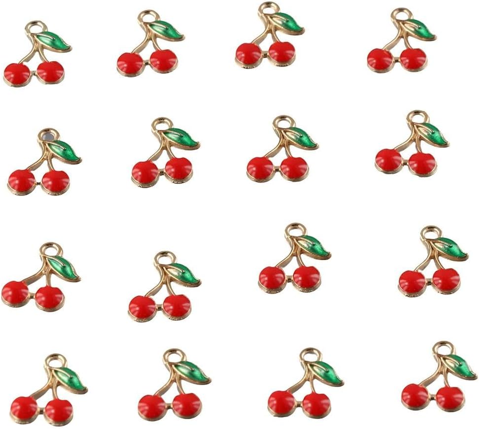 100Pcs Alloy Red Cherry Enamel Pendants Cherry Fruit Dangle Charms for Jewelry Making Bracelets Necklace Earrings DIY Crafts