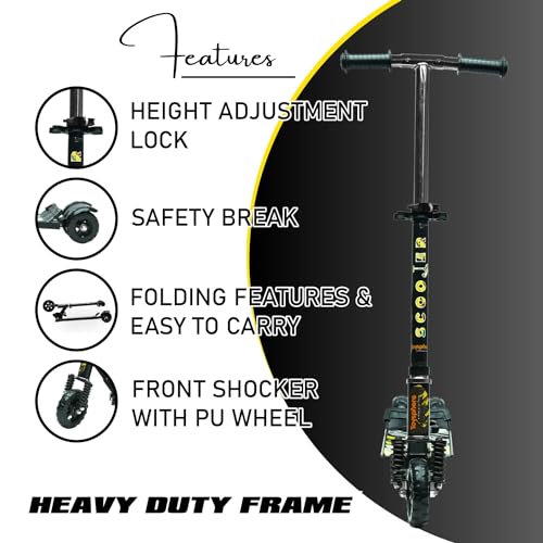Image of Kick Steel Scooter for Kids, 3 Adjustable Height Scooter, Foldable & Attractive PVC Wheels with Rare Brakes for Kids Age Upto 3+ Years Strong Steel Base Heavy Dute Upto 70kg (with Shocker) (Black)